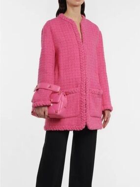 New! Valentino Boucle Tweed Braided Trim Pink Wool Coat